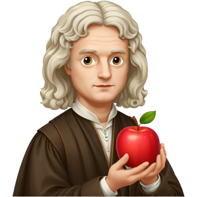 Isaac Newton wearing 17th-century aristocratic attire, hold an apple emoji