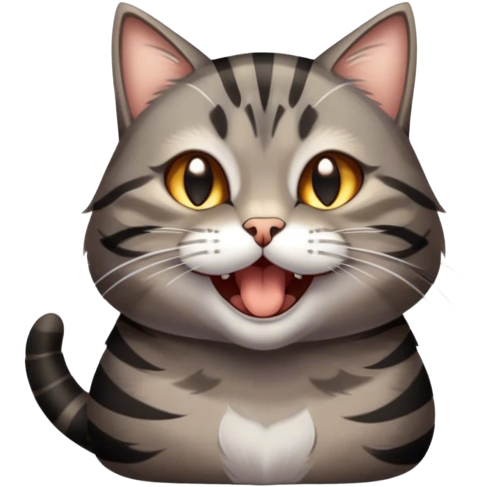Cinematic Cute Yawning Grey and Black Brown Tabby Cat Portrait Emoji, Head tilted slightly with a dramatic, wide-open yawn, sleek grey-brown fur with dark black tabby stripes, sparkling amber eyes barely open, Simplified yet irresistibly adorable features, highly detailed, glowing with a soft, cozy glow, high shine, relaxed yet expressive, stylized with a touch of whimsy, bright and endearing, soft glowing outline, capturing the essence of a sleepy yet affectionate kitty, so drowsy it feels like it could stretch right out of the screen and curl up for a nap! emoji