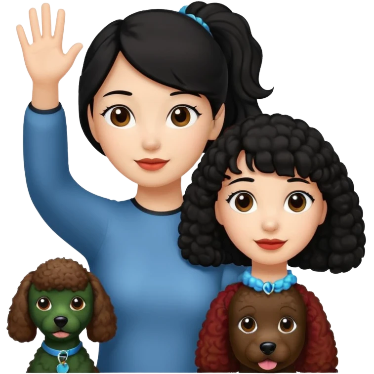 Ponytail black hair girl with brown Poodle say goodbye  emoji