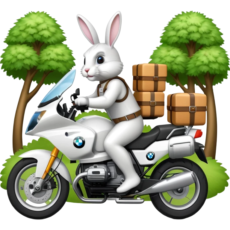 Easter bunny riding a BMW boxer motorcycle with trees and grass in the background emoji