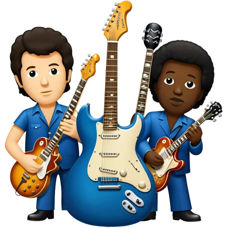 Icon for Blues Music: collage of legendary blues artists. Gary Moore, Eric Clapton, B.B. King and Joe Cocker. Represented by silhouettes or symbolic items like guitars, microphones, or music notes, reflecting the soulful energy of blues music. Transparent background. emoji