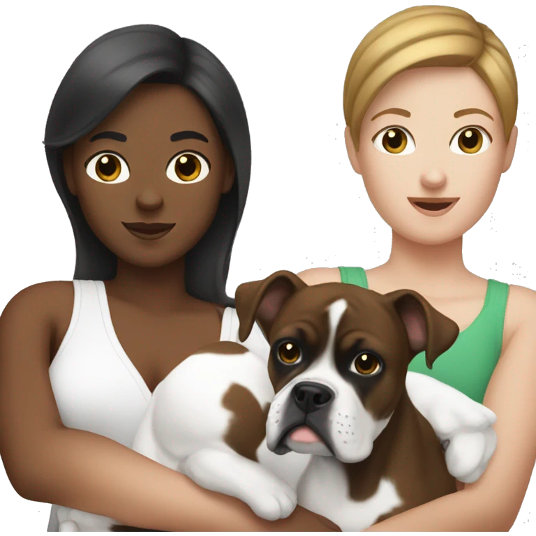 A white woman with brown hair holding her black and white boxer like a baby emoji
