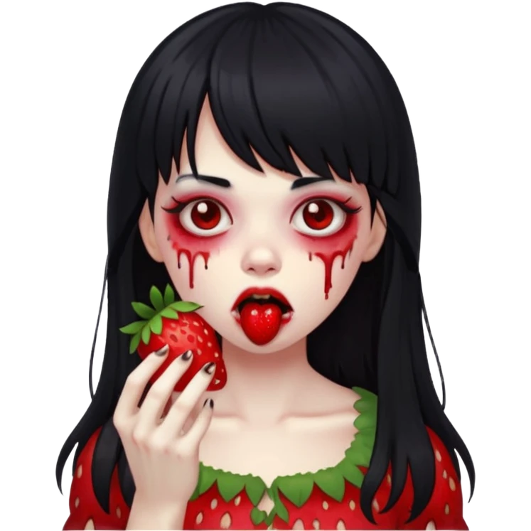 Girly girl, zombie, black hair, bang, cabelo longo e um comendo um morango emoji