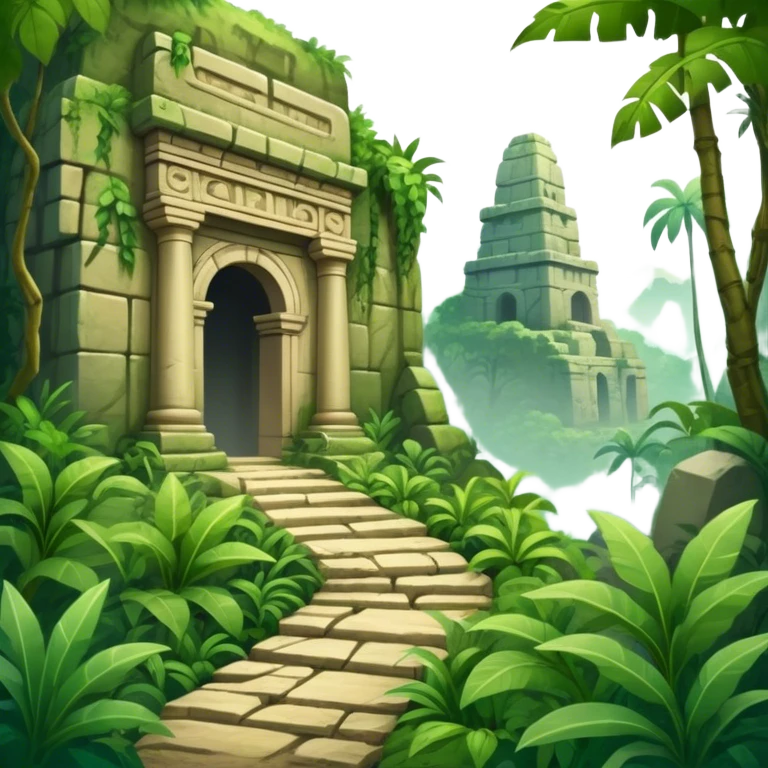 Icon for Adventure Movie: A vintage movie poster-style design with a jungle clearing path, dense foliage surrounding it. In the distance, ancient ruins peek through the trees. The atmosphere is mysterious and adventurous, with soft light cutting through the trees. Transparent background. emoji