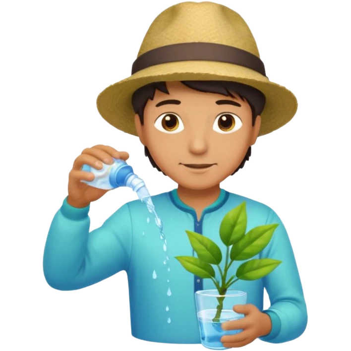Realistic illustration of a man pouring water onto a green plant, standing outdoors in daylight, with a watering can in hand, gentle and caring expression, vibrant garden background, soft natural lighting, highly detailed, professional composition." emoji