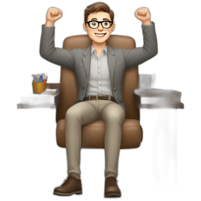 Joyful Celebrating victory Hands up Pale skinned Fit Man With dark brown hair in gray jacket, beige office shirt, Brown pants and vintage glasses sitting In a soft chair emoji