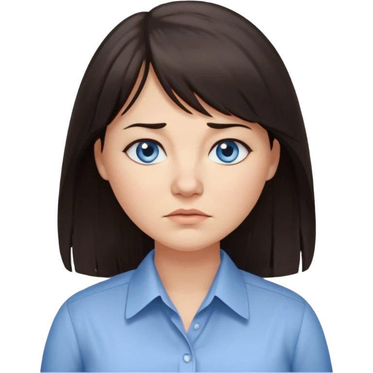 40 yr old woman, blue eyes, long straight dark brown hair, business shirt, chubby, bangs, long hair, tired emoji
