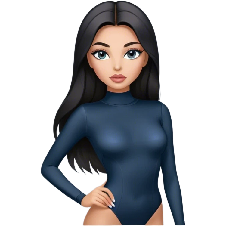 Glamours, tanned, very beautiful girl, with big pump peach-beige-rose lips, long long lashes, black straight smooth silky long hair, straight parting hair, blue-grey eyes in black long-sleeves bodysuit emoji