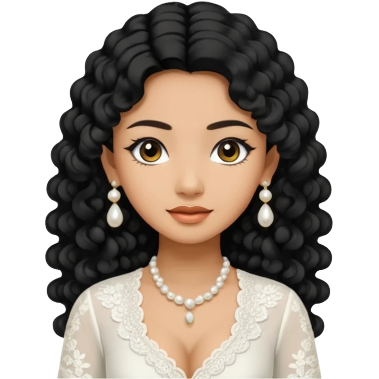 tan skin women, with black long Curly hair, wear white kebaya , and little pearl earring emoji