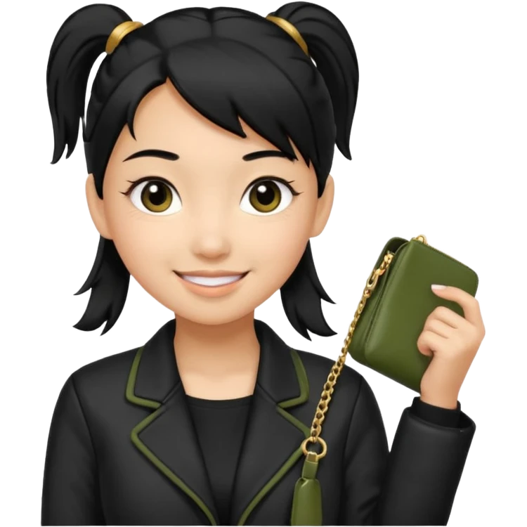 A girl with a pony tail black hair and olive skin, Asian eyes, with a black jacket and a black purse  emoji