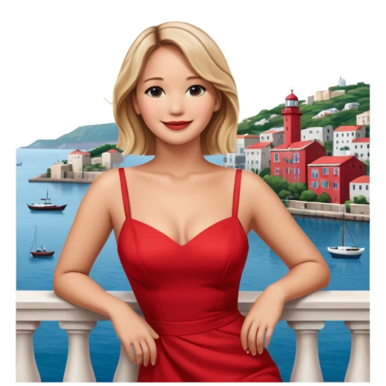 jennifer lawrence, red dress leaning on a balcony with a harbor and cityscape in the background, smiling emoji