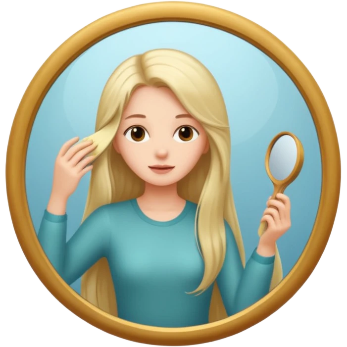 a beautiful girl combing his long hair in front of mirror. emoji