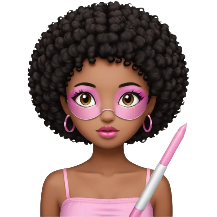 Dark brown skin girl with short black curly hair afro styled , she has pretty wispy cat eyelashes and is wearing a light pink tube top with lip gloss  emoji