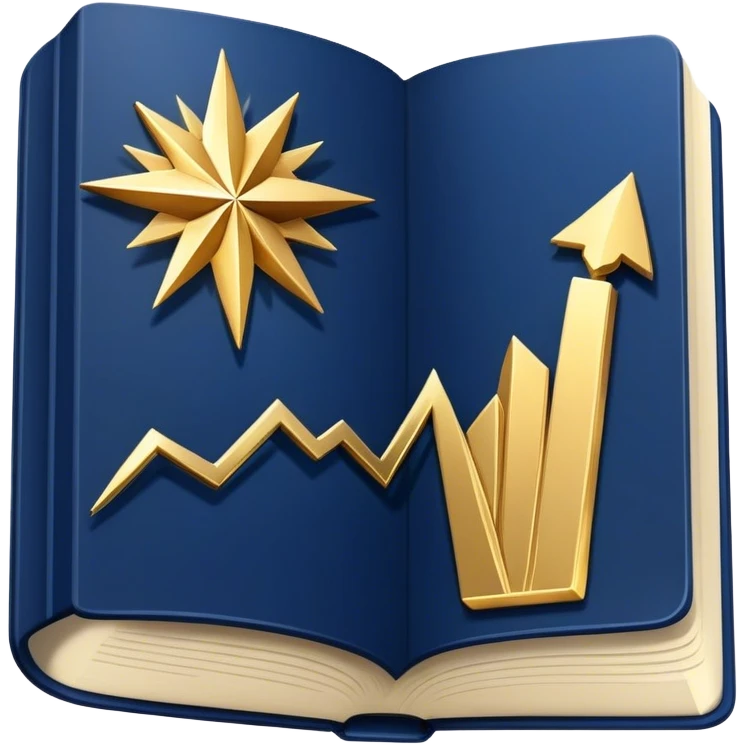 A navy blue productivity book with gold details, chart with upward trend aura, radiating productivity, strategy, and success in motion- emoji