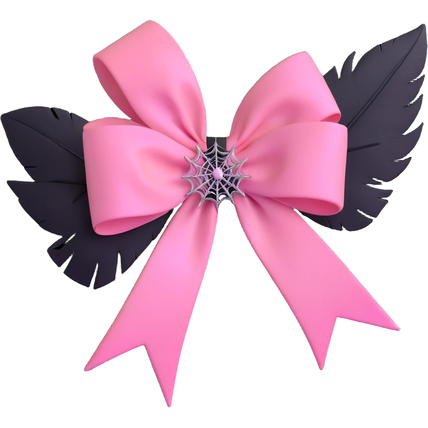 3D emoji style pink bow with gothic effect, pastel pink to black ombre, black feather accents, and silver spiderweb brooch emoji