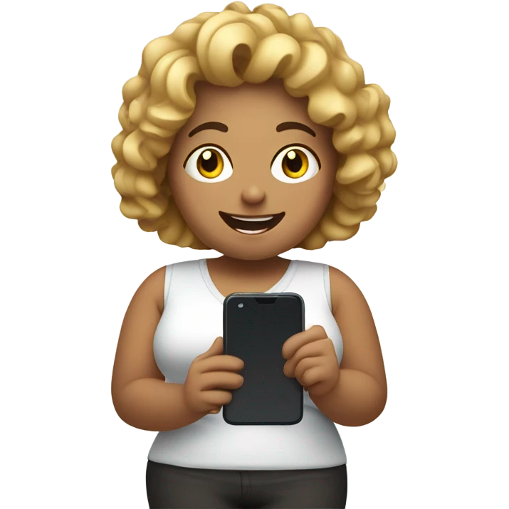 overweight curl blondie woman happy with a smartphone in hands showing charts emoji