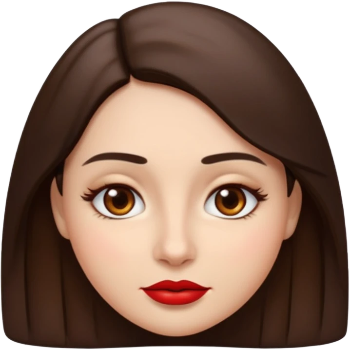A woman emoji with fair skin, slightly wavy dark brown hair parted in the middle, an oval-shaped face, arched dark eyebrows, almond-shaped brown eyes, a small straight nose, and red lips. emoji
