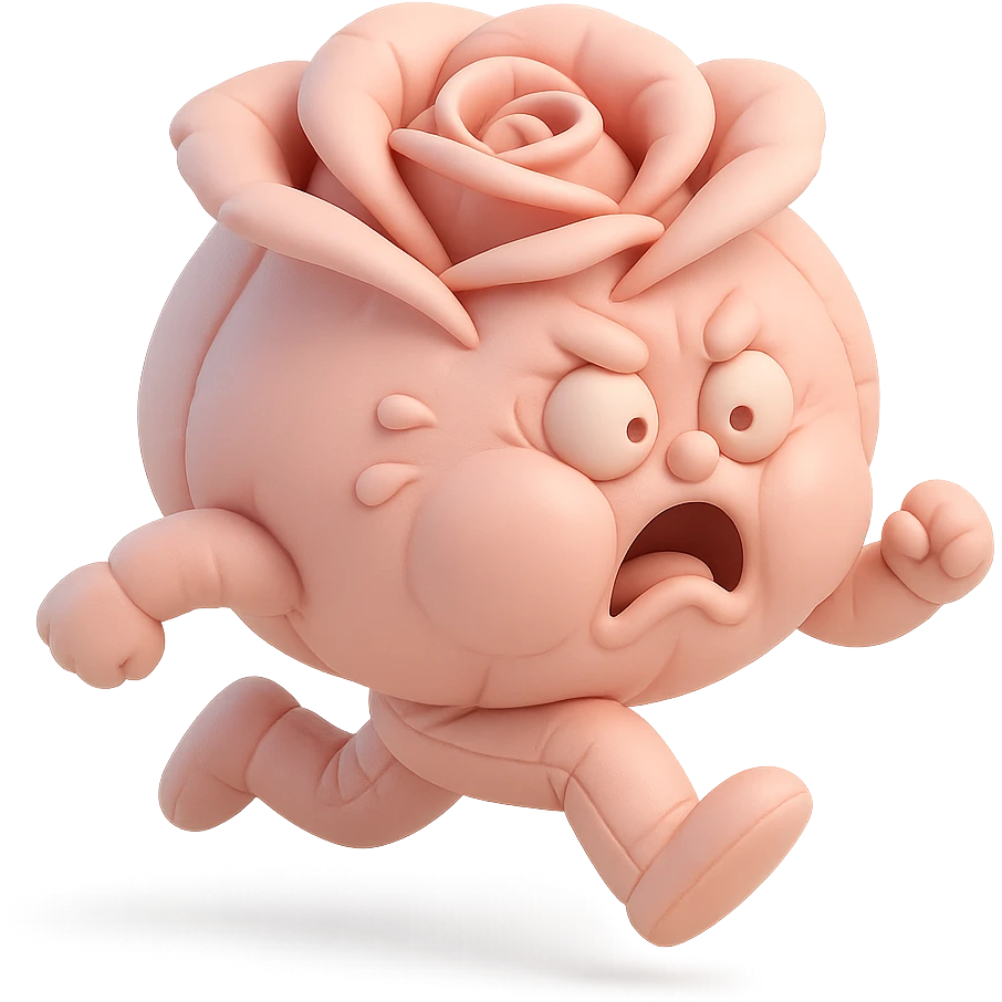 soft pink rose flower with puffed cheeks making a panicked toilet run, eyes bulging, legs dashing, pastel tones, chibi round shape emoji