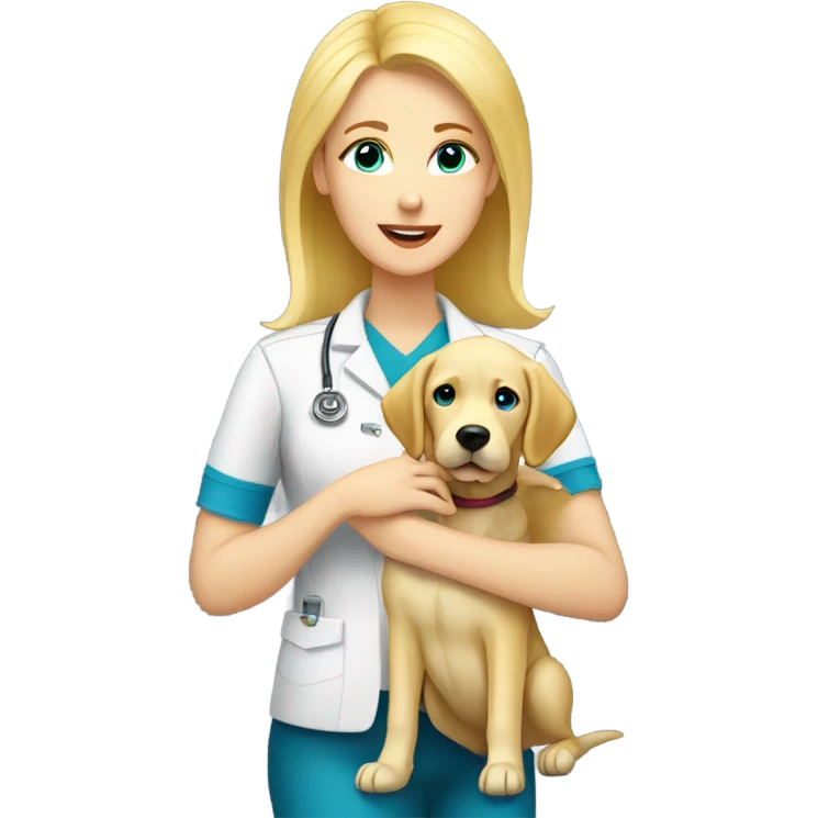 Female blonde vet with blue eyes petting yellow lab emoji