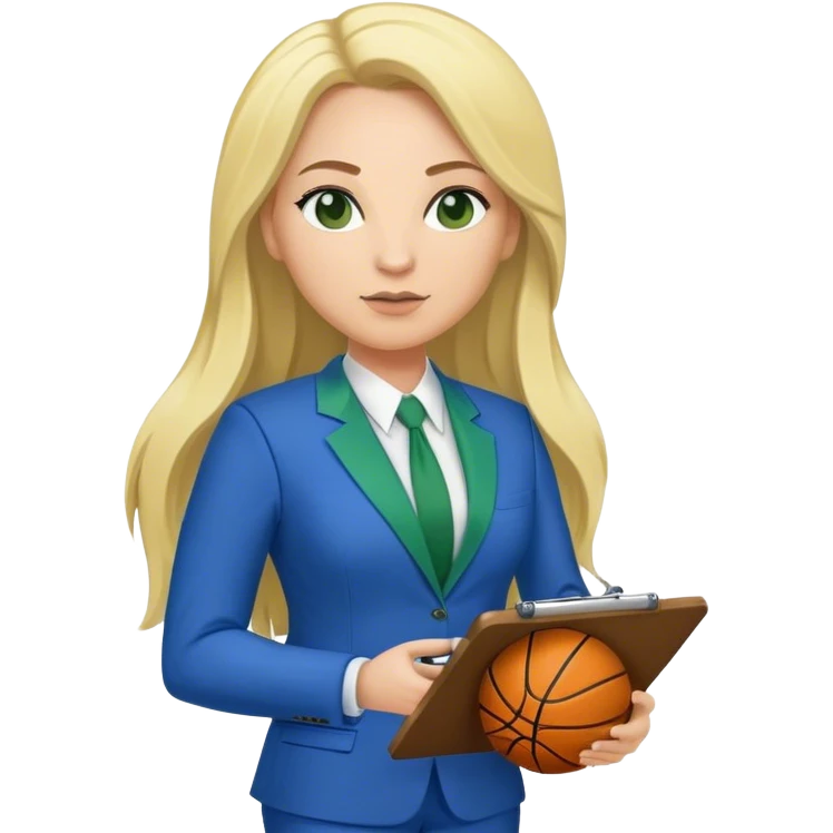 Full Body white plus size female basketball head coach using a clipboard with long blonde hair in a blue and green suit emoji