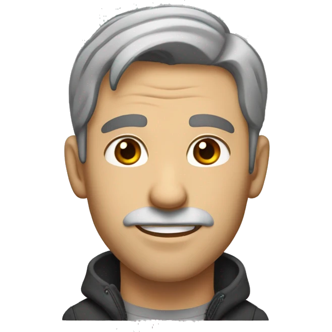 man with stubble, big nose and short brown and grey hair, hazel eyes , slightly smiling emoji