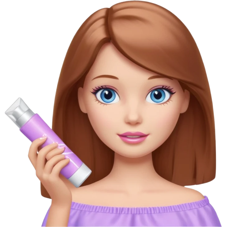 Barbie girl Chestnut Shoulder-length hair and blue eyes is In pale purple applying cream on face emoji