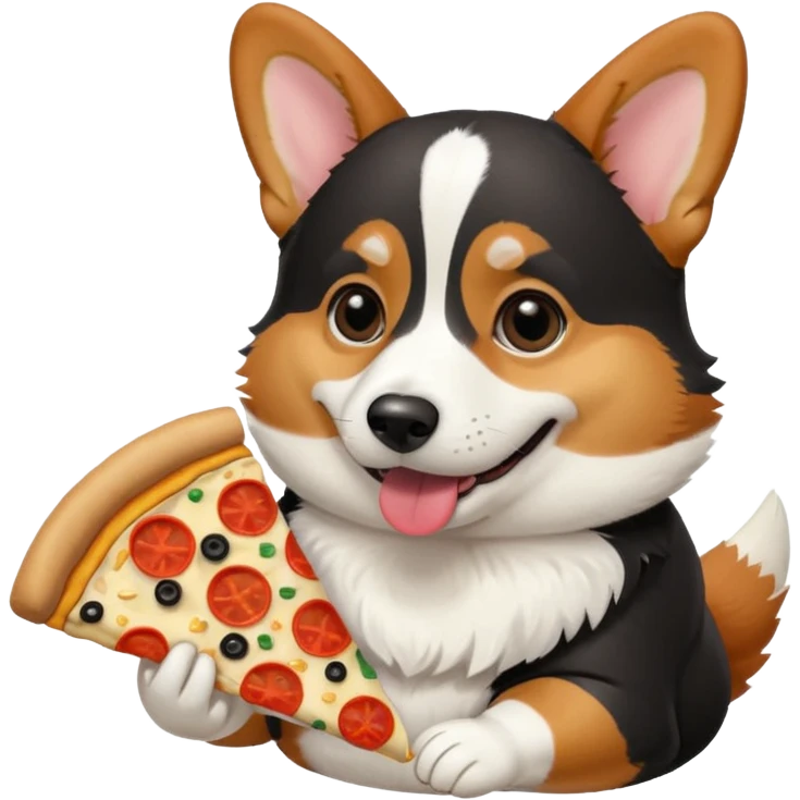 black tri-color corgi eating pizza emoji