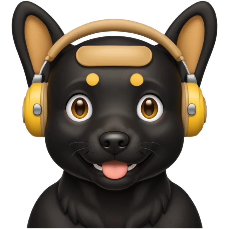 black happy dog wearing yellow headphones emoji