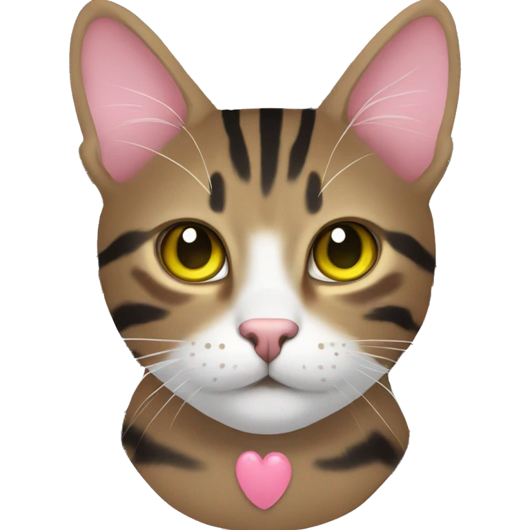 brown tabby cat with black stripes and yellow-green eyes and pink nose and white mouth emoji
