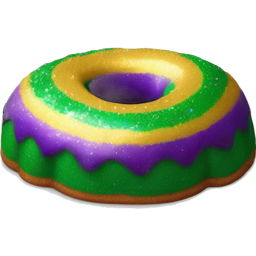 Realistic single isolated flat mardi gras oval bundt king cake with glitter icing on top half of the cake. emoji