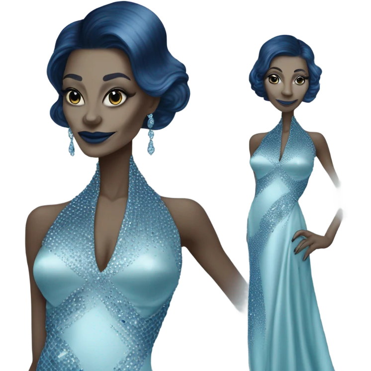 reptilian alien woman, in long slim pastel blue formal party satin dress with gradient shiny sparkling navy blue diamonds embroidered emoji