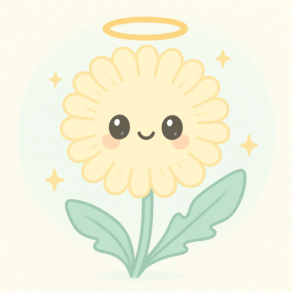 a dandelion with a halo and a saintly expression emoji