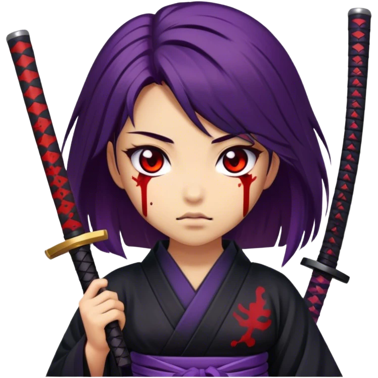 A samurai girl with deep purple hair, black kimono, holding a bloodstained katana emoji