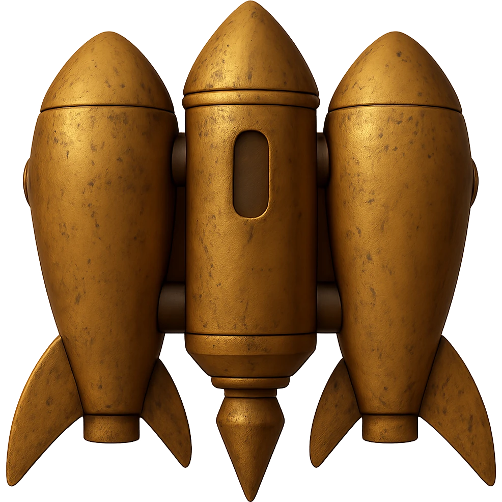 Make the wing rockets even wider, gold ancient wide jetpack with worn and weathered look, back view, no fire, in the style of apple emojis, with no background. emoji