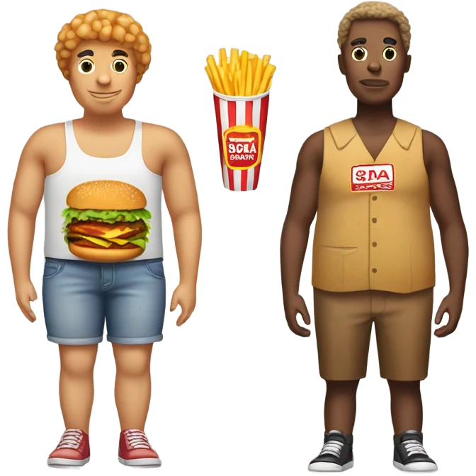 A person with a burger as the torso, potato wedges as the legs, a chicken nugget for the head and a soda and straws for the arm emoji