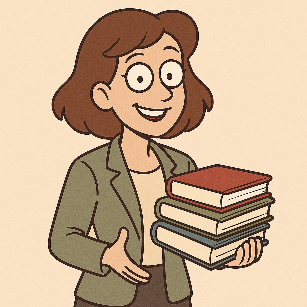 teacher with brown hair holding books, cartoon style, smiling, simple background emoji