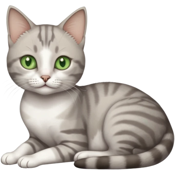 full body tiny short hair grey and white cat with white front legs and green  eyes lying down emoji
