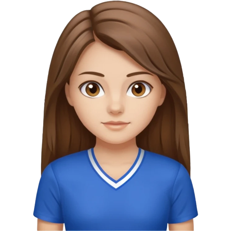 brown hair, hazel eyes, blue athletic cheerleading shirt, strait long hair girl emoji