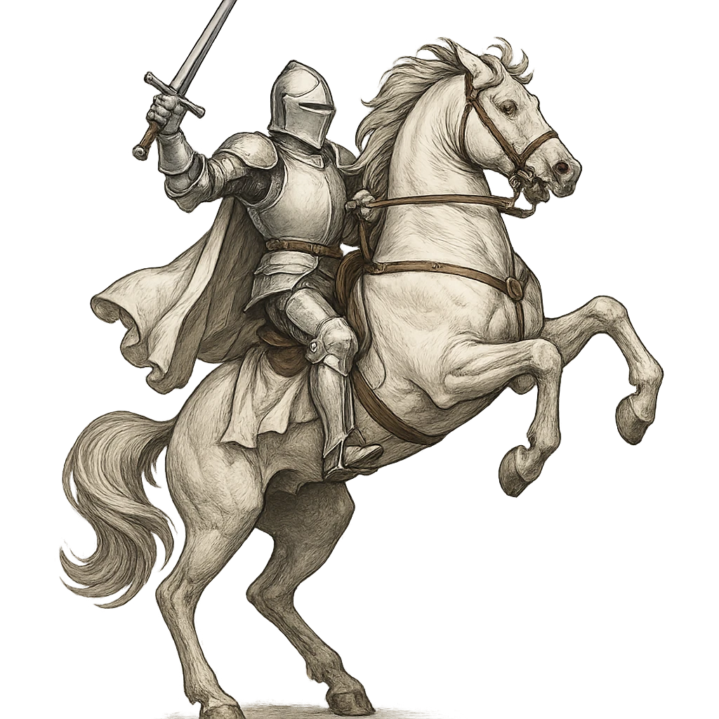 a white knight on a rearing white horse, dynamic, dramatic, clean background emoji