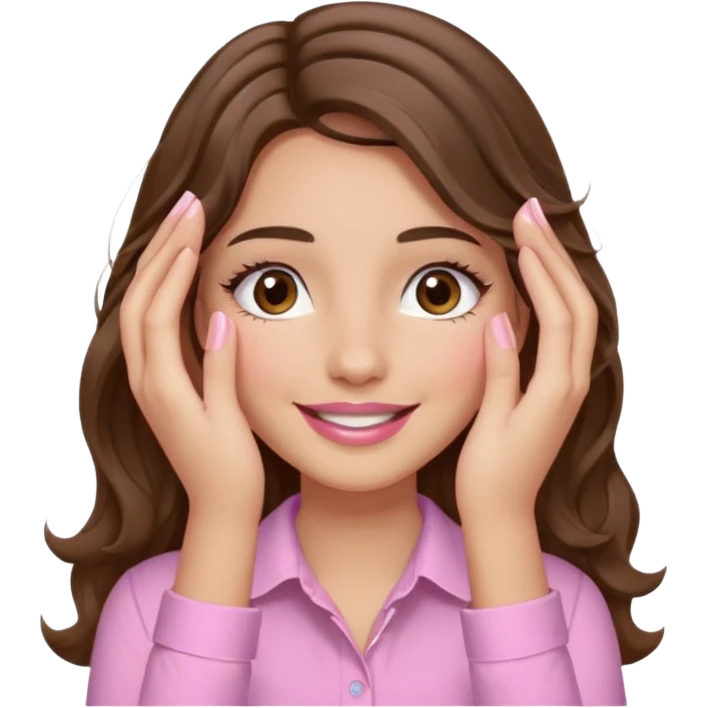 girl with wavy long brown hair, brown eyes, light to medium complexion, long lashes, light pink lipstick, wearing light pink shirt, smiling, hands covering over the eyes emoji