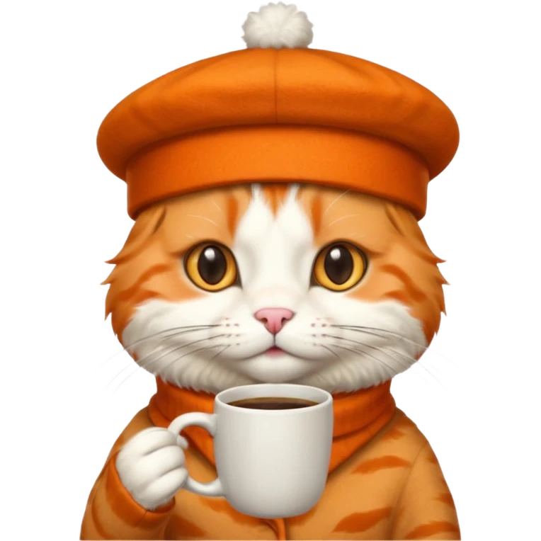 Orange cat, wear beret hat, holding coffee mug emoji
