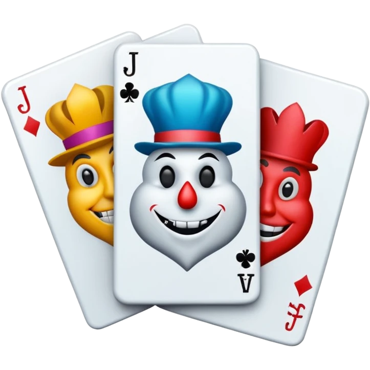 bunch of 3 poker cards, with crazy colorful jolly jokers inside, inversed face emoji