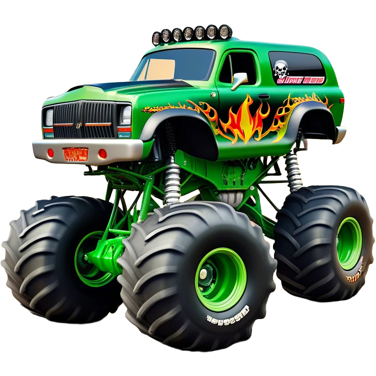 Grave Digger - Monster Jam (Model Year: 2022) (Iconic colour: Green with flames) - A legendary monster truck with a fearsome design: predominantly deep green with dynamic, vibrant flame graphics in bright orange and yellow. Highlight its rough, edgy bodywork and an aura of untamed rebellion. emoji