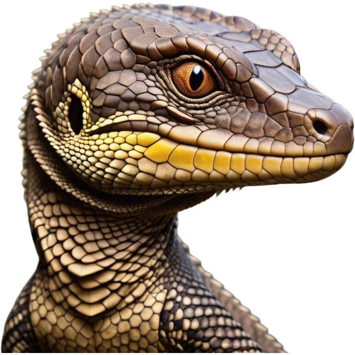Cinematic Noble brown camo spotted monitor Lizard Portrait Emoji, Poised and regal, with a robust, scaled body exhibiting striking, mottled patterns and piercing, alert eyes, Simplified yet sharp and sophisticated features, highly detailed, glowing with a soft, earthy glow, high shine, intelligent and formidable, stylized with an air of ancient wilderness, focused and commanding, soft glowing outline, capturing the essence of a watchful and confident reptilian guardian that appears ready to stride out of the screen with effortless authority! emoji