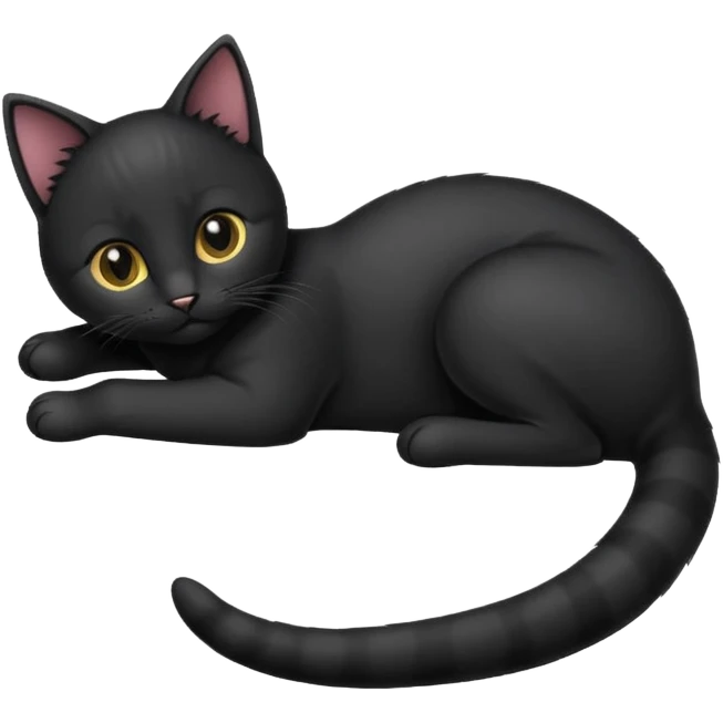 black kitten lying down with curled tail, iPhone emoji style emoji