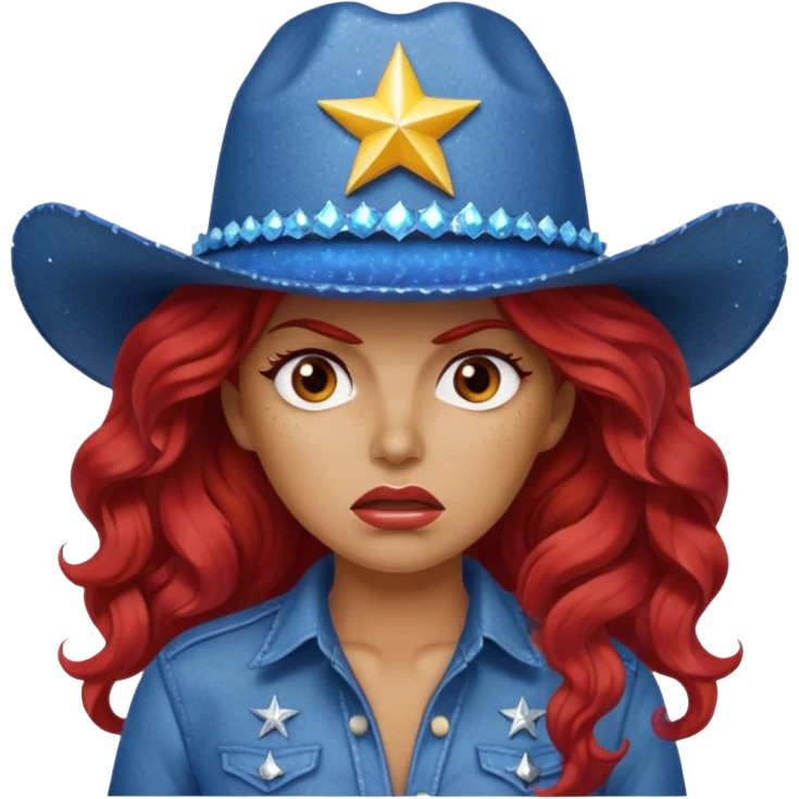 Angry woman with big red wavy hair wearing sparkly blue cowboy hat  emoji