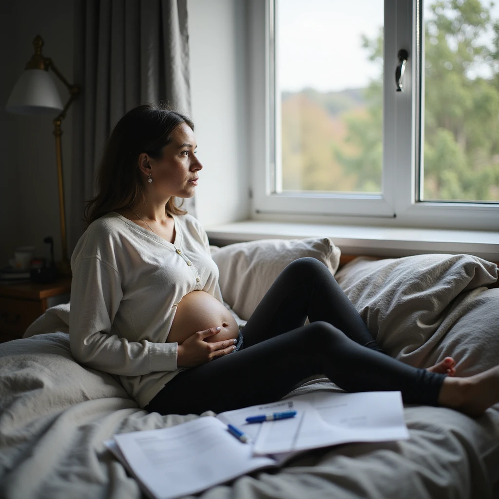 woman sitting on bed, thoughtful look towards window, pregnancy test and medical records nearby, emotional atmosphere, realistic details, natural light, 4K quality emoji