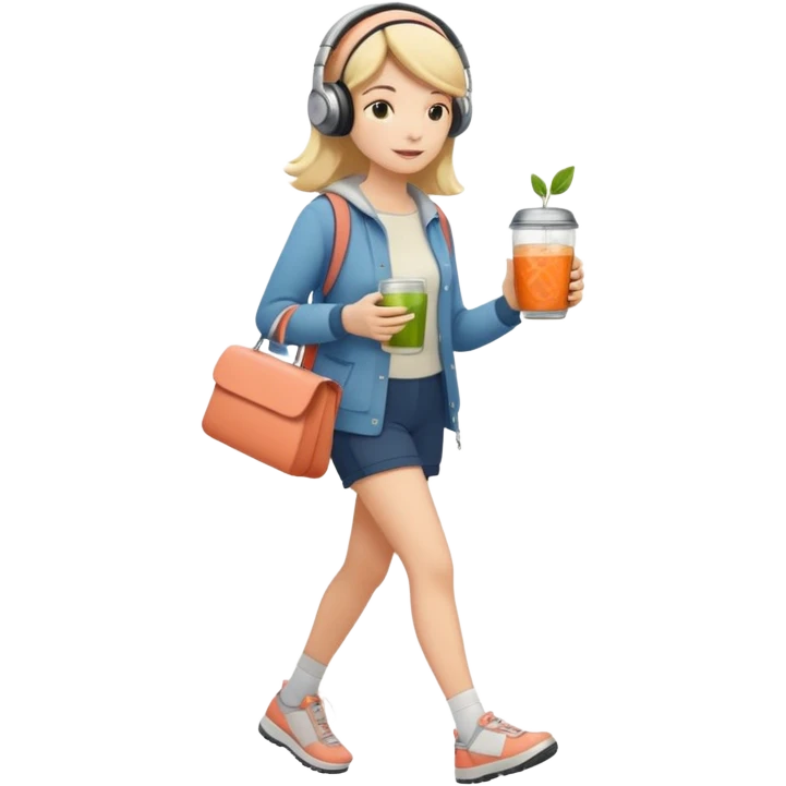 a young woman full length walks with headphones on with a salmon sandwich in one hand and herbal tea in the other hand emoji
