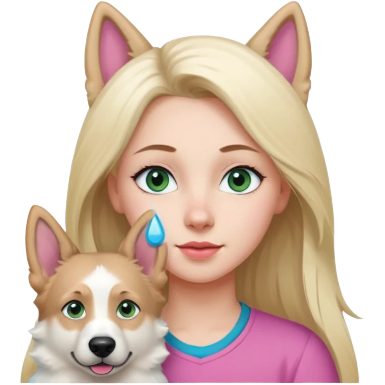 White European young woman with blue-green eyes and long blond hair with her white German Shepherd dog,the Dog hast a pink nose and short fur  and Brown eyes emoji