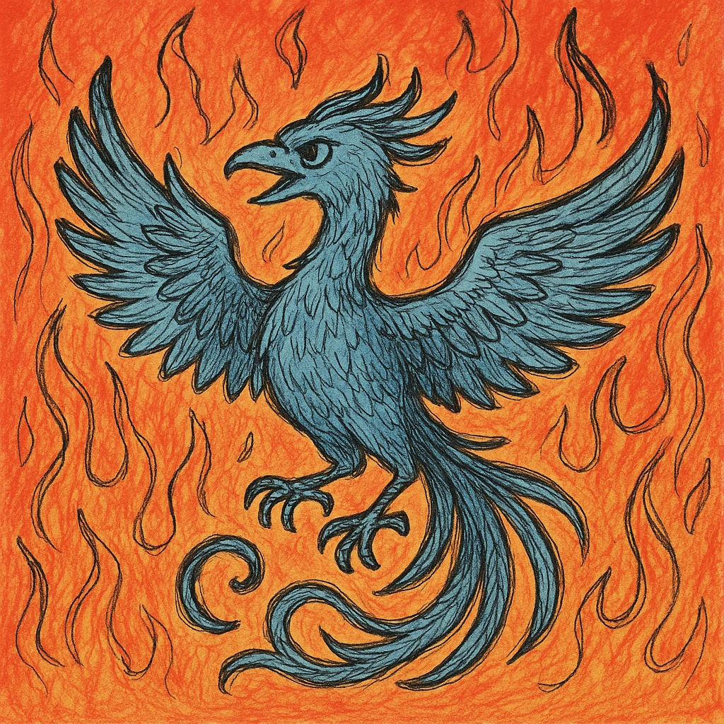 Add a fiery background with flames to the cool phoenix, keep the hand drawn doodle style with sketchy lines and casual hand-drawn look. emoji